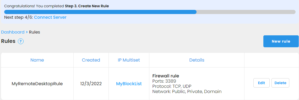 Step 3 completed, Firewall rule created